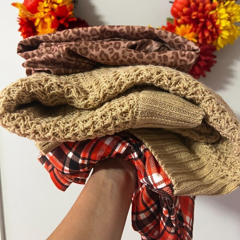 Womens Plus Size 1X Autumn Curvy Fit OUTFIT Sweaters Plaid Bottom Tan Orange